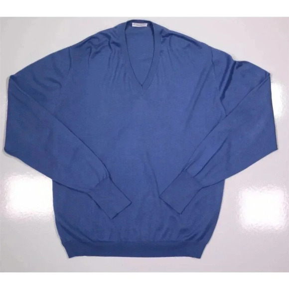 Peter Geeson of England Blue V-Neck Cotton Sweater Pullover Men's Large